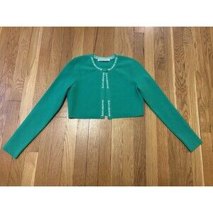 T Alexander Wang Jacquard Logo Cardigan Stretch Knit Neon Kelly Green Cropped XS